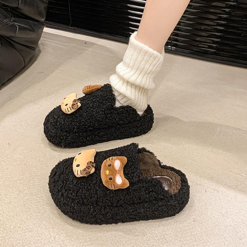 

2025 outer wear leopard print cartoon cat cotton slippers women s thick bottom autumn and winter new bag head sweet cool casual fluffy slippers 40 чёрный