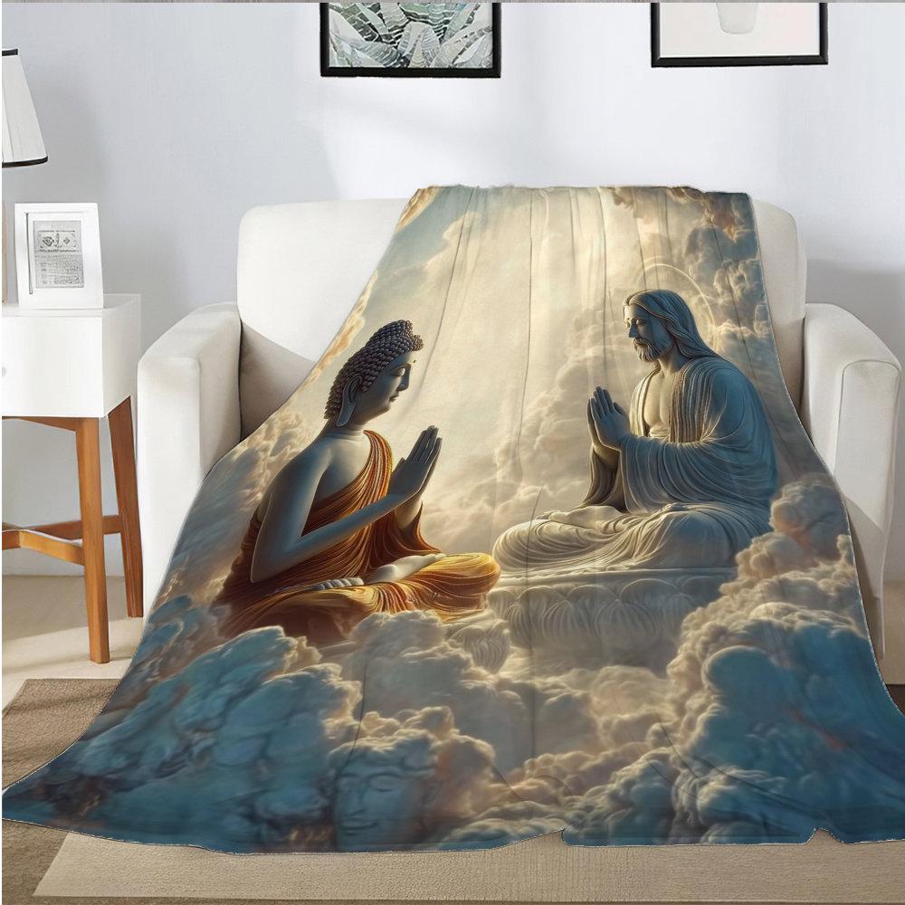 Buddhist and Christian Religious Patterns Flannel Printed Blanket Suitable for All Seasons for Living Room Office Sofa Travel