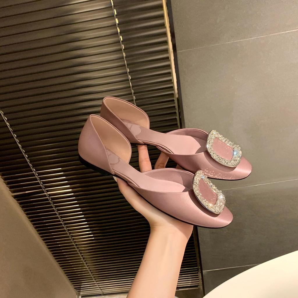 Sheepskin Version of Grape Mother, the Same Spring and Summer New Fairy Square Diamond Buckle Shallow Mouth Shoes Hollow Sandals Women's Flat Shoes