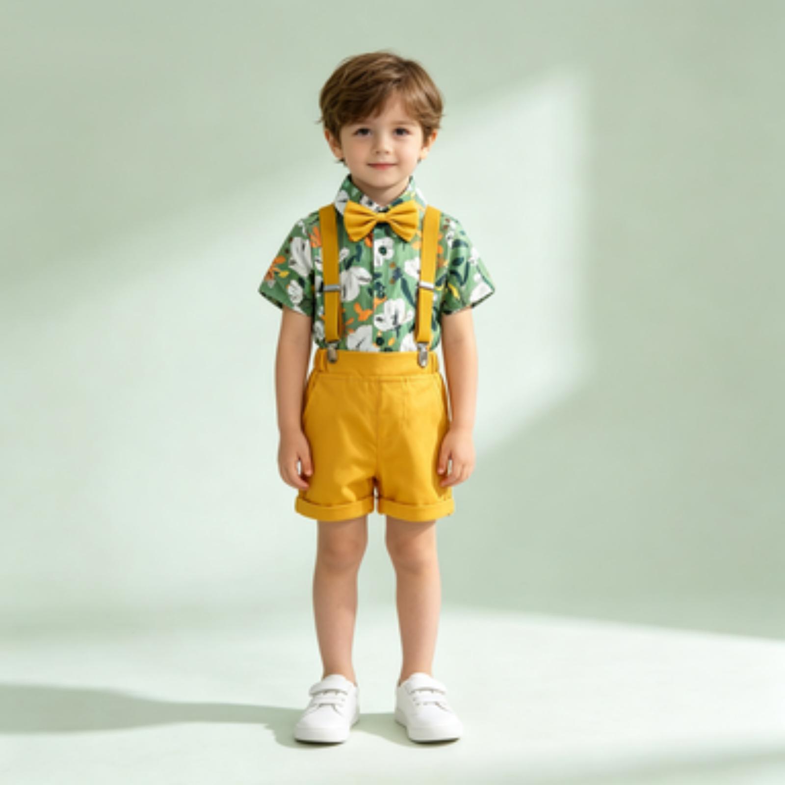 Children s European Print Shirt Suspenders and Tie Outfit for Beach Summer Parties 110