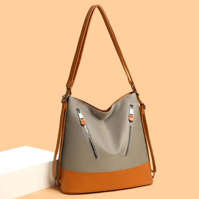 Women's Fashion Shoulder Bag with Dual Zip Pockets – Color Block Tote for Daily Use, Work, and Casual Outings