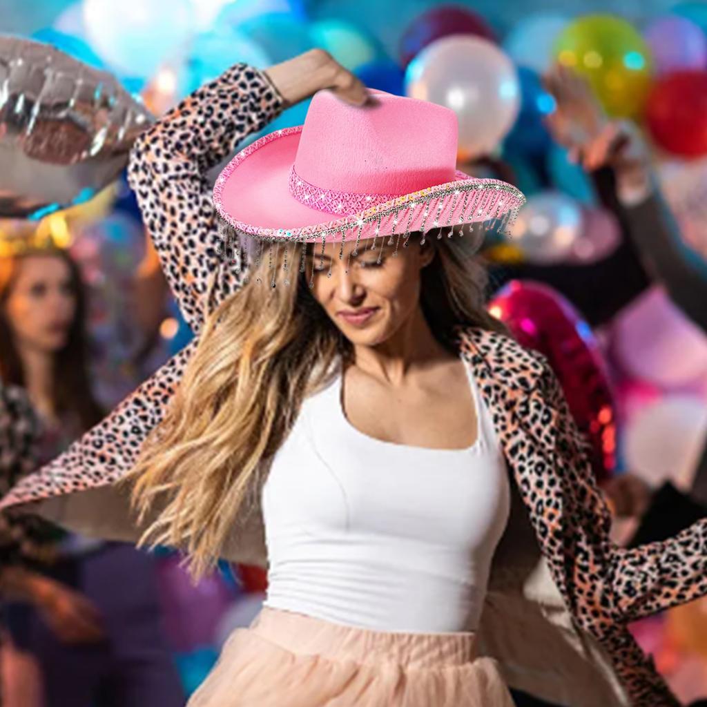 Romantic Wedding Cowboy Hat Rhinestone Accents Flowing Tassels Delicate Lace Trim Adjustable Adult Size