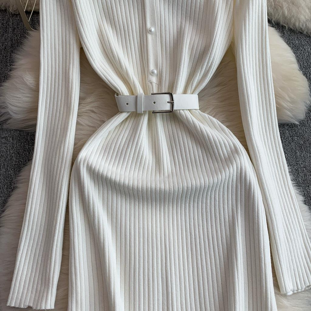 Autumn Winter Women Elegant V-neck Pearl Button Knitted Sweater White Office Work Slim Bodycon Sheath Dresses