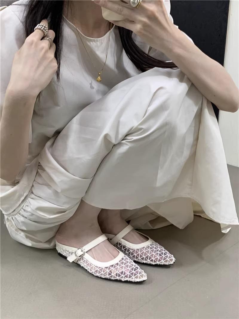 

Модные летние женские тапочки 2025 Новая мода Дышащие сетчатые балетки Роскошные тапочки на танкетке с острым носком на высоком каблуке Женская обувь 35 бежевый