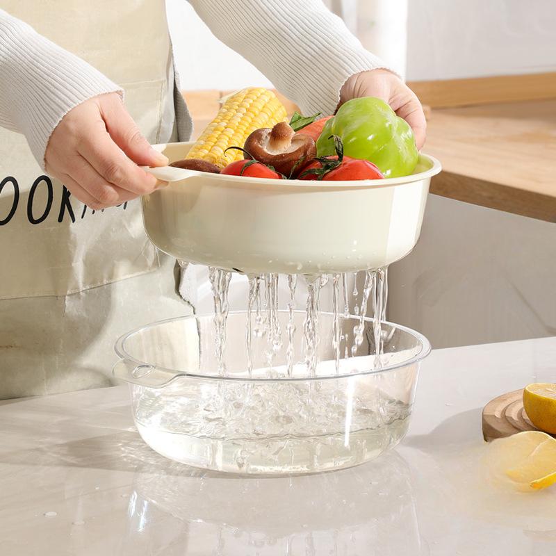 Household Transparent Vegetable Washing Basket Kitchen Draining Basket Double-layer Fruit Washing Basin Filter and Washing Basket