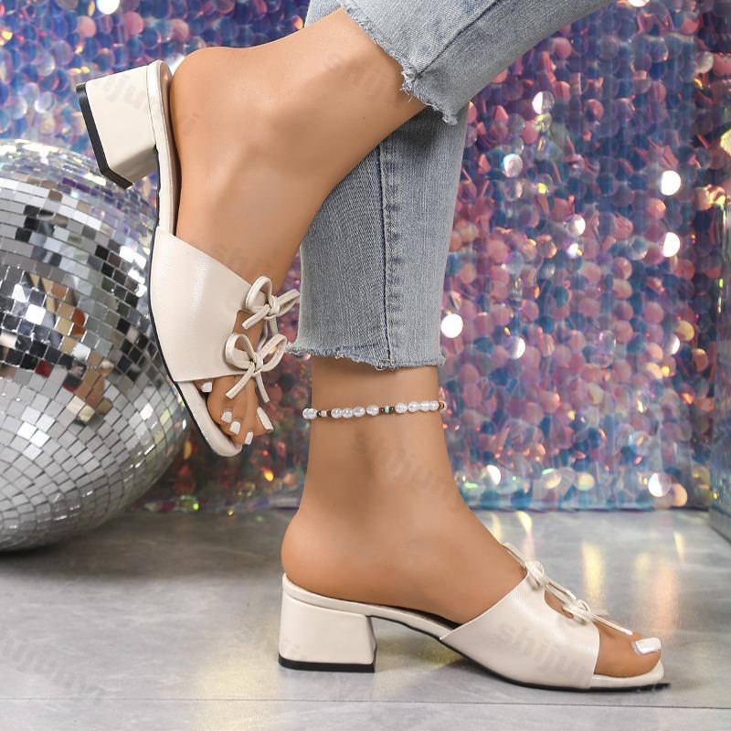 Mode 2025 Neue Sommer-Mode Schleifendesign Quadratischer Kopf Lässige Sandalen für Damen Offene Zehen Atmungsaktiv Bequem Elegant Strand-Slipper