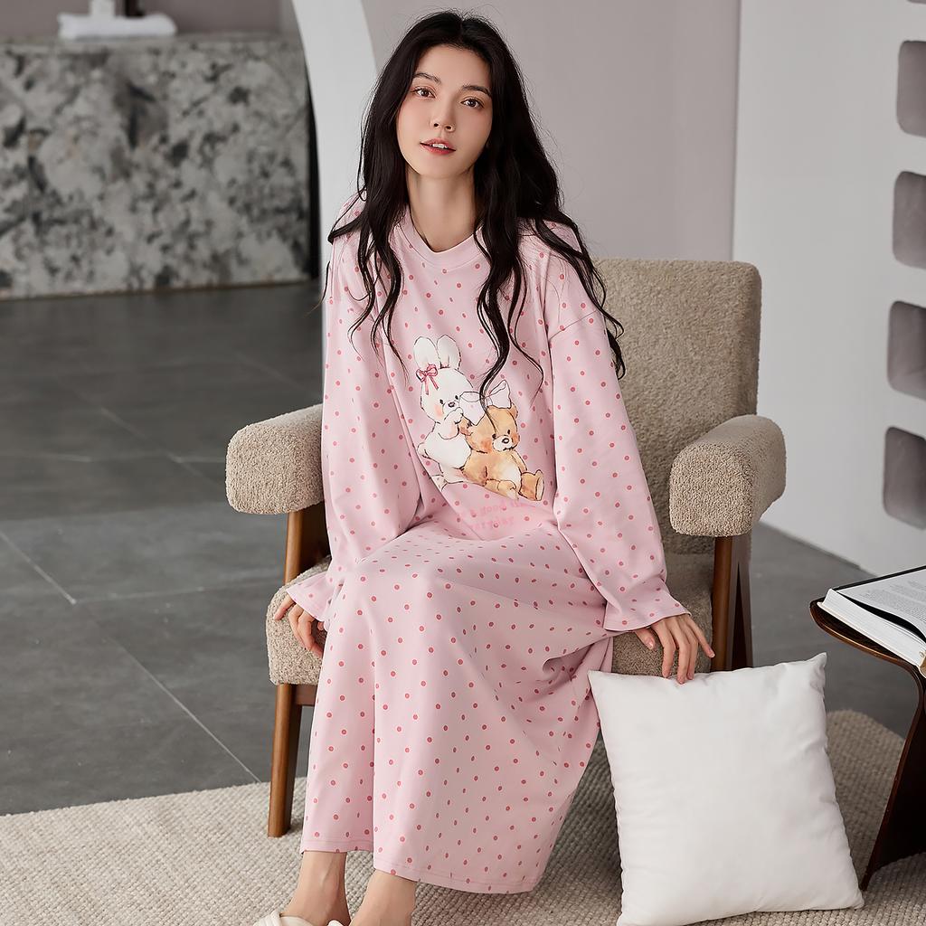 Nachthemd Damen Frühling und Herbst Reine Baumwolle Langärmelig Mittel und Lang Locker, Süß und Hochwertig Lässig Kann Draußen Getragen Werden Loungewear