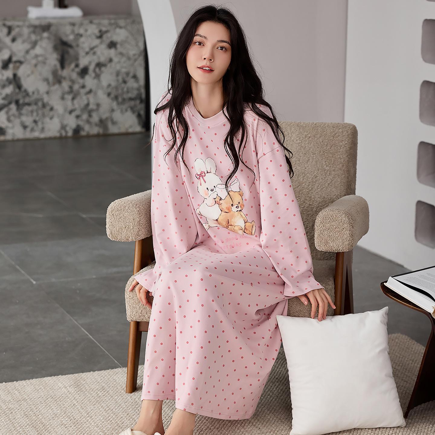 

Весенне-осенняя ночная рубашка женская из чистого хлопка с длинным рукавом, милая мультяшная, можно носить на улице, повседневное платье для отдыха 2XL