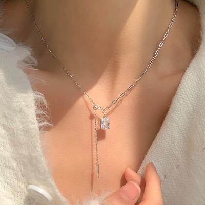 Halskette aus S925er Sterlingsilber, ausziehbare Schlüsselbeinkette für Damen, koreanische Version, leichtes Luxusgefühl, kleine Zuckerkette, quadratische Zirkonkette