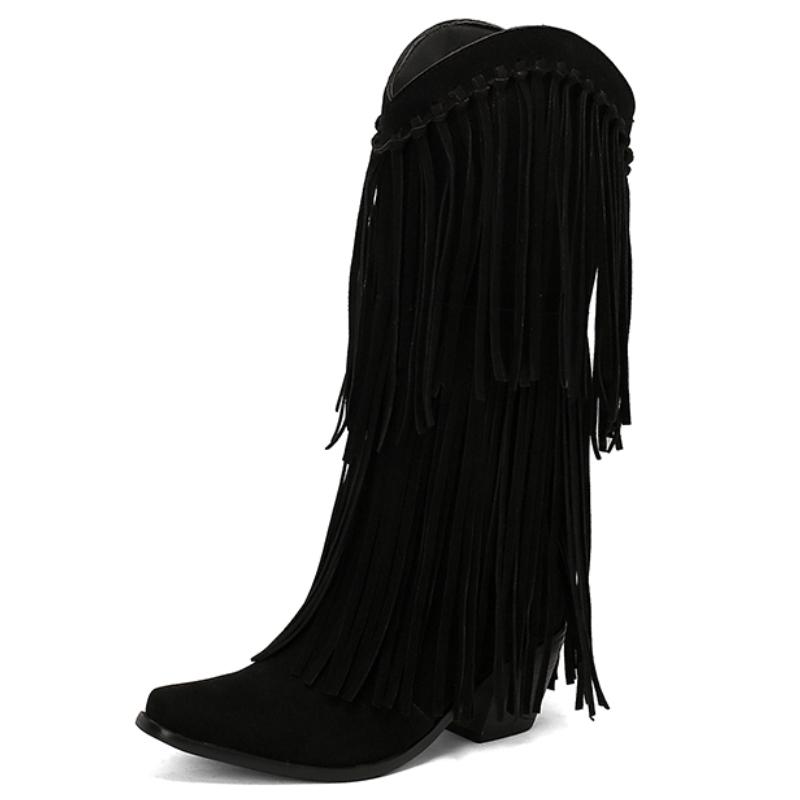 

Модные женские сапоги до колена, модные зимние туфли с бахромой, черные, красные, на каблуке, длинные сапоги, женская обувь для вечеринок, большой размер 45, новый дизайнер 42
