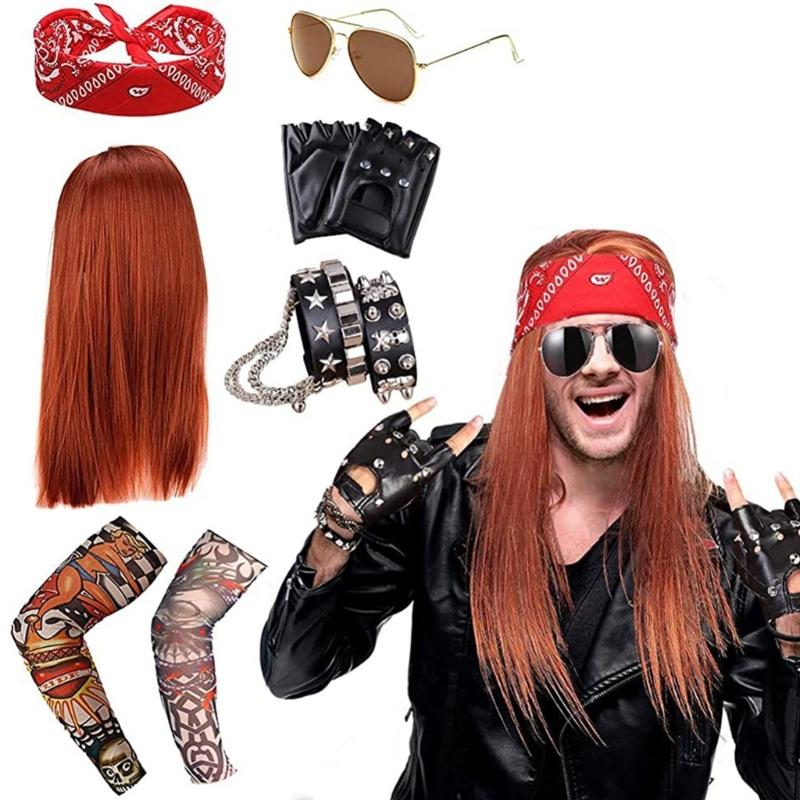 Sada kostýmů Rockera z 80. let, Kostýmy Heavy Metal Rock, Doplňky ke kostýmům na Halloween, Nafukovací kytara, Náramky, Prsteny