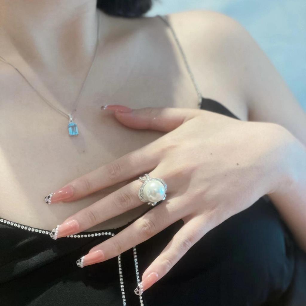 Natural Baroque Pearl Full Diamond Bow Open Ring for Women - High-End Fashion Bestseller