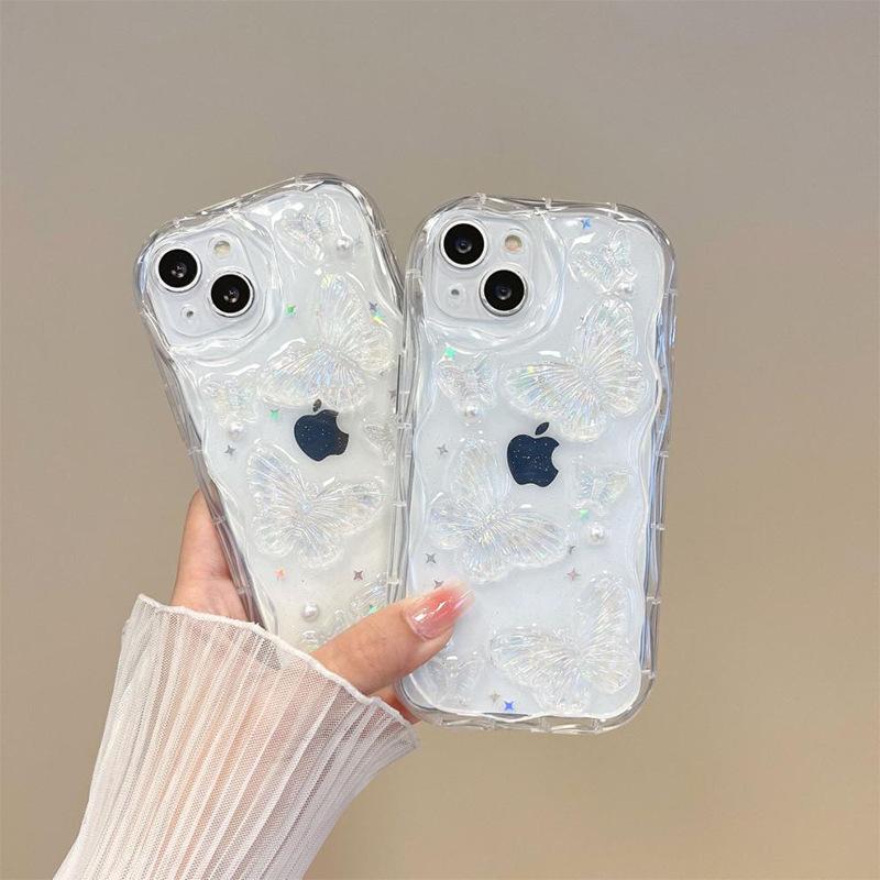 Wind Transparent Mobile Phone Case For Iphone15Promax Pearl Butterfly Apple 17 Sequins Wavy 13