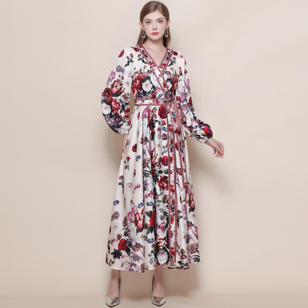 Spring Vintage Floral Maxi Dresses for Women Runway Cross V-Neck Long Lantern Sleeve Sashes Beach Holiday Dress Boho Robe