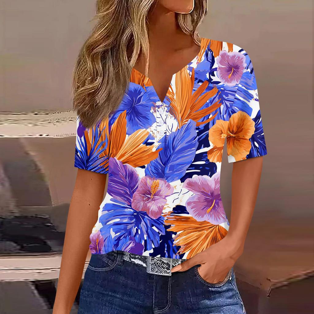 Top T-shirt casual alla moda da donna con stampa hawaiana, scollo a V, maniche corte, bottoni