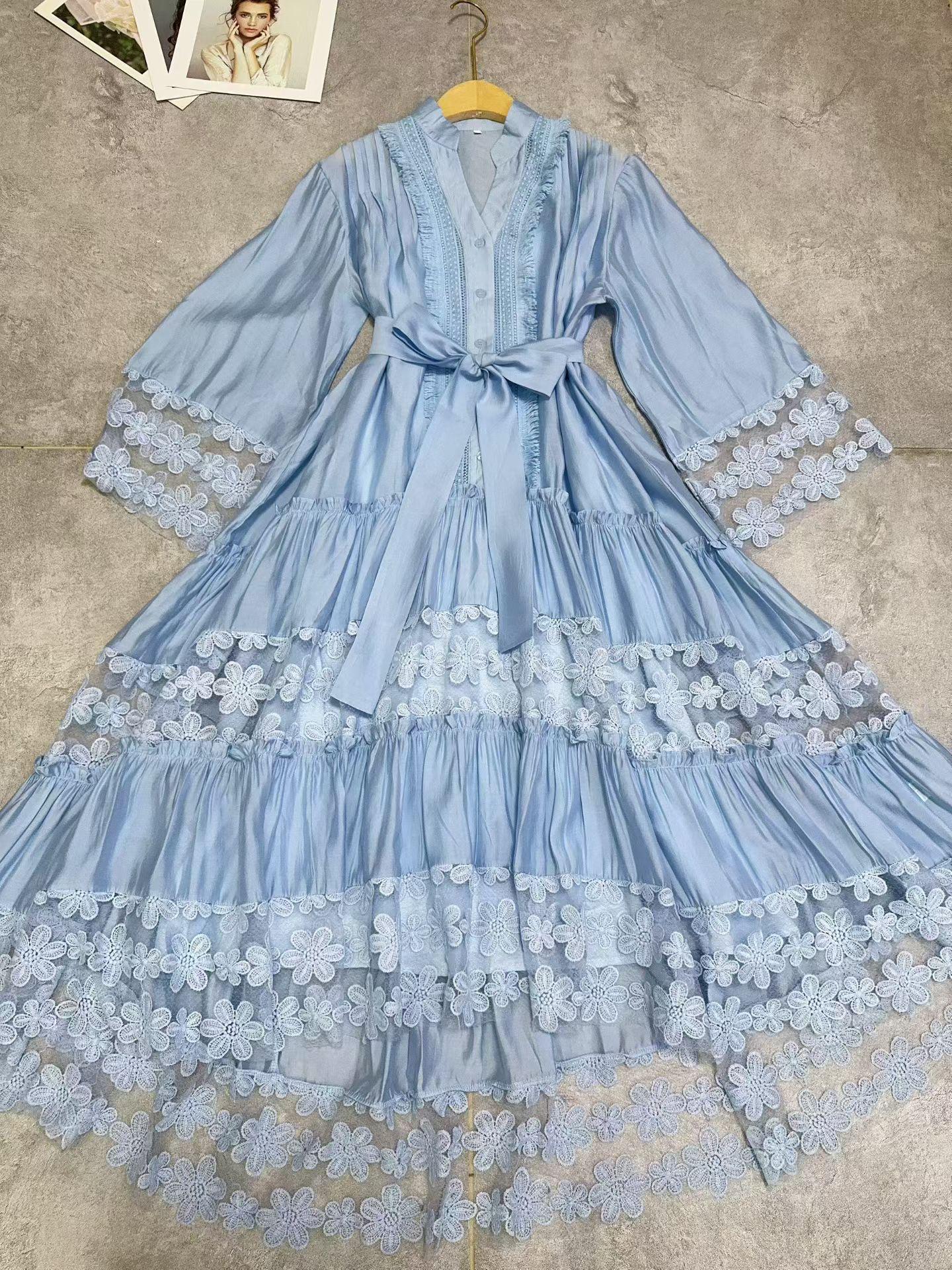 

High-End French Fairy Bell Sleeve Lace Splicing Holiday Dress XL синий