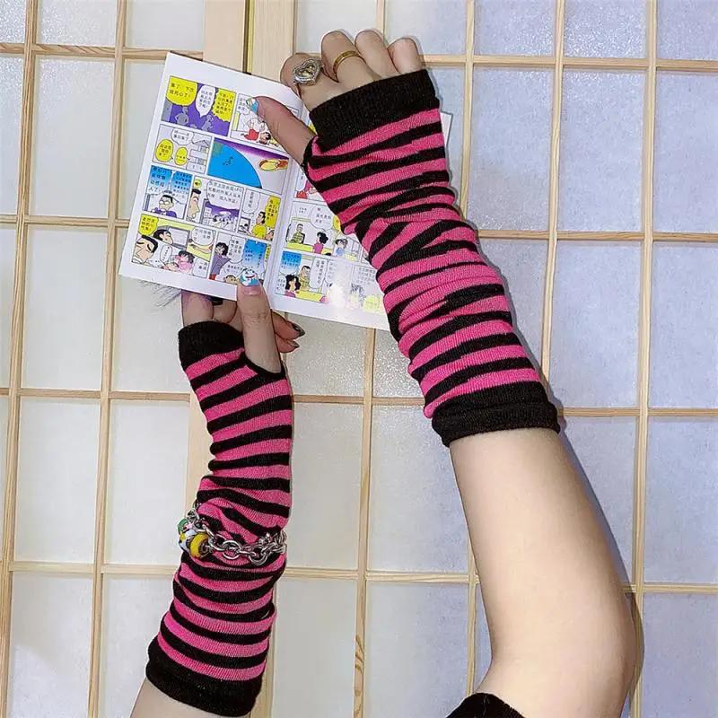 Punk Long Sleeves Fingerless Gloves Cuff for Women Men Stripe Hip-Hop Knitted Elbow Mittens Elastic Winter Arm Warmer Outdoor