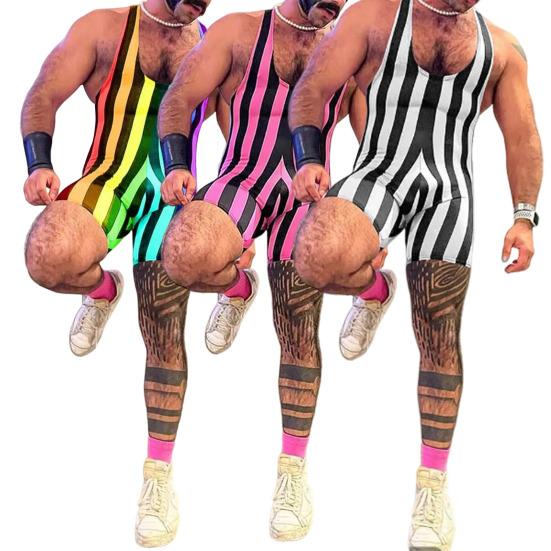 Pánské fitness body bez rukávů s hlubokým výstřihem do U, pruhovaný overal, sportovní podpůrné prádlo do posilovny, boxerky