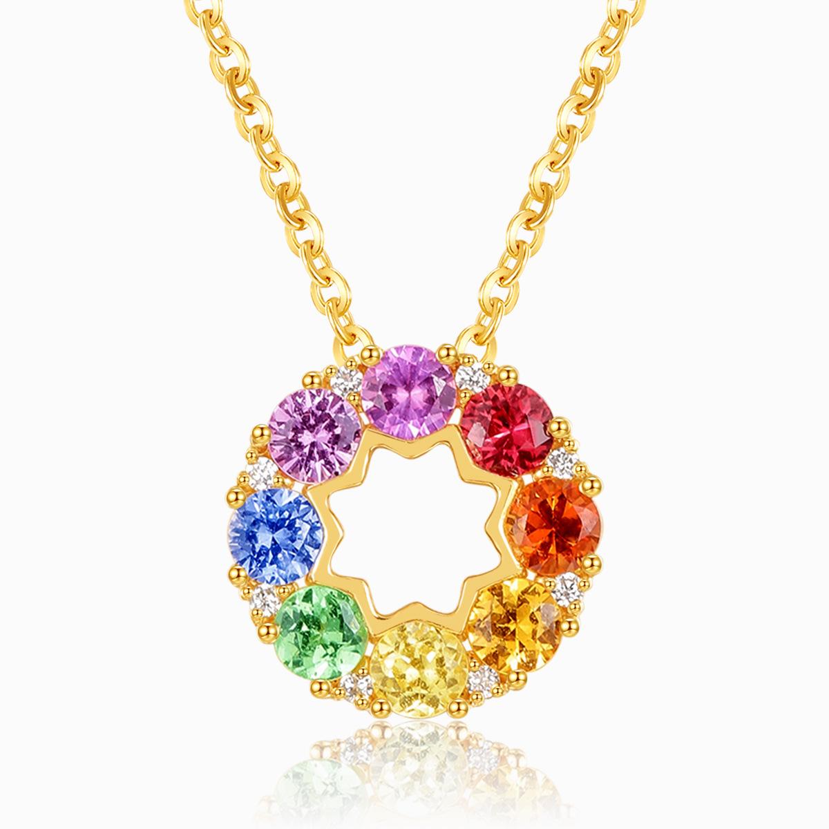 Haute Couture Designer Neon Imitation Natural Colored Gemstone Necklace Yellow Plated 18K Gold Inlaid With Sapphire Pendant Women