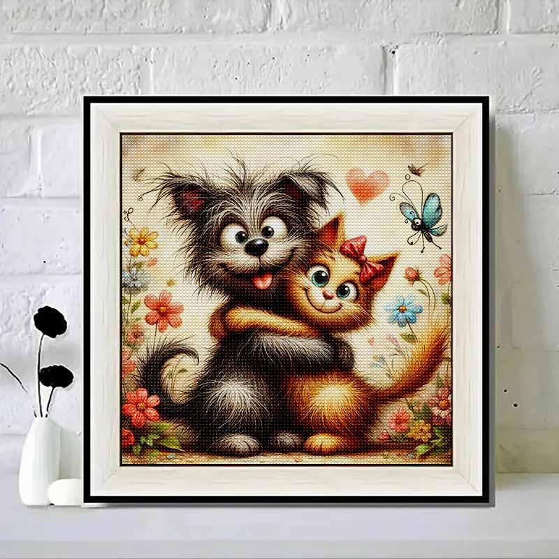 New Arrival 5D DIY Full Circle Diamond Painting "Cat and Dog Hug" Embroidery Cross Stitch Home Decor Gift