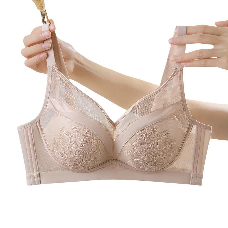 Sexy lace bra anti-sagging small chest gathering not empty cup showing large no steel ring bra set