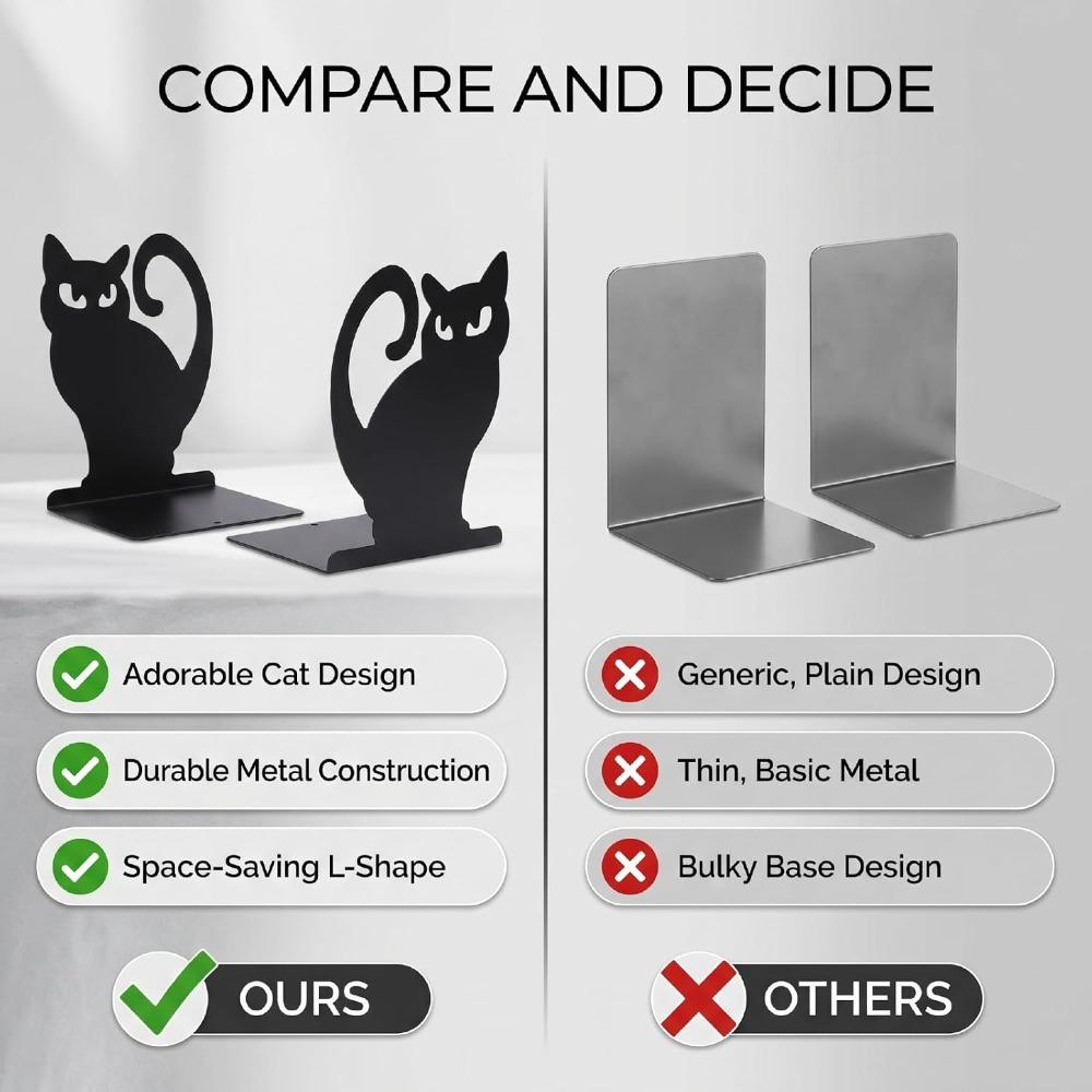 2pcs Black Cat Shaped Book Stopper 4.72x4.37x5.87in Metal Bookends Cute Book Organizer  Office Desk