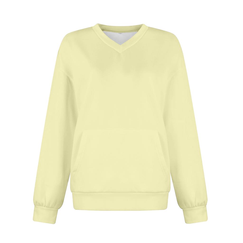 Damen Casual Mode Einfarbig V-Ausschnitt Langarm Sweatshirt Leichter Pullover mit Taschen Warmes Sweatshirt