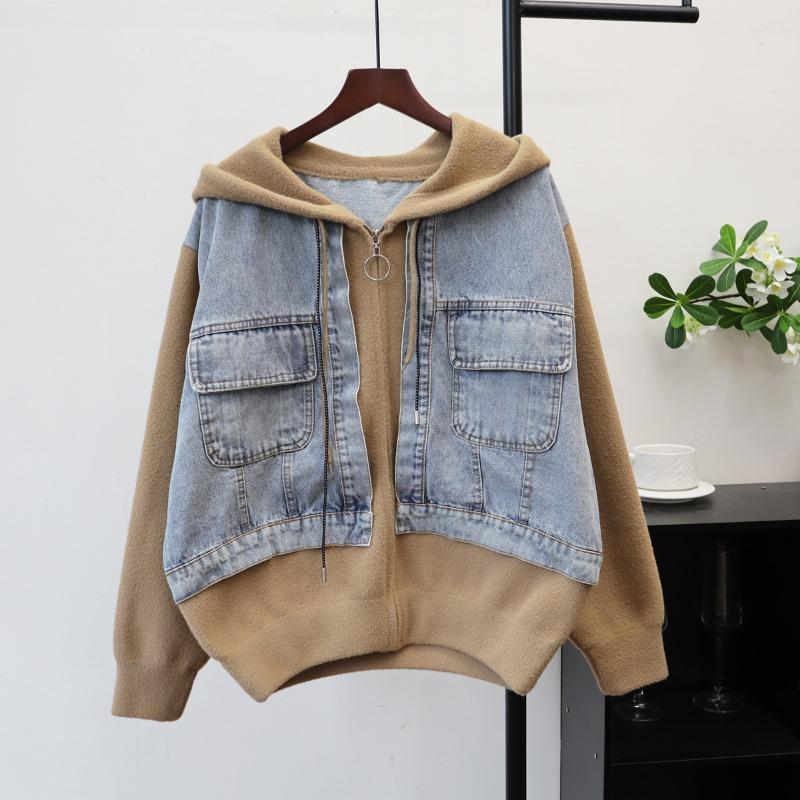 

Осень и зима новый кардиган на молнии с капюшоном, комбинированный деним и трикотаж, двусторонний, свободный, повседневный, куртка-свитер женская One Size верблюд