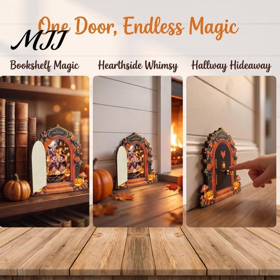 Unique Halloween Shelf Decor Mouse Hole Wall Decoration, Retro Arched Fairy Door with Pumpkin Cute Room Accessories & Flower Decor, Miniature Openable