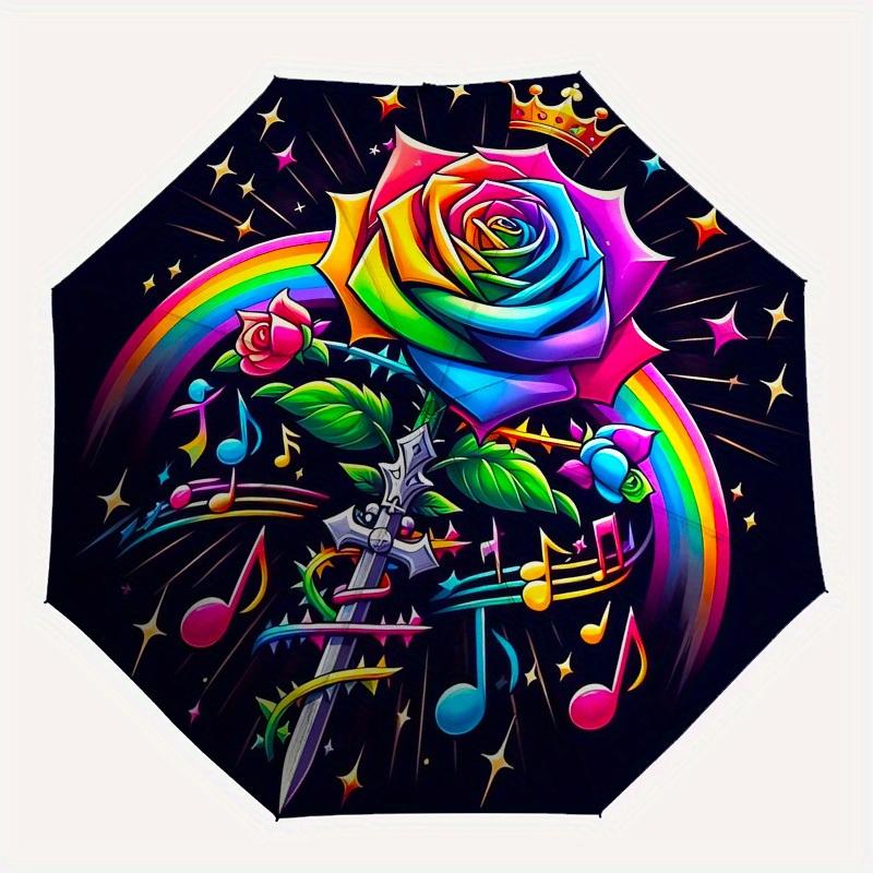 1pc Rainbow Rose with Crown and Music Notes Umbrella with Plastic Handle,Suitable for All Seasons Home Travel Outdoor UmbrellaB1909