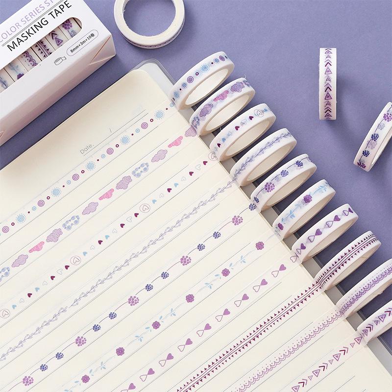10 Rolls/box Slim Washi Tape Set Colourful Masking Tape Decorative Tape Set for Journaling 8mmX3m M