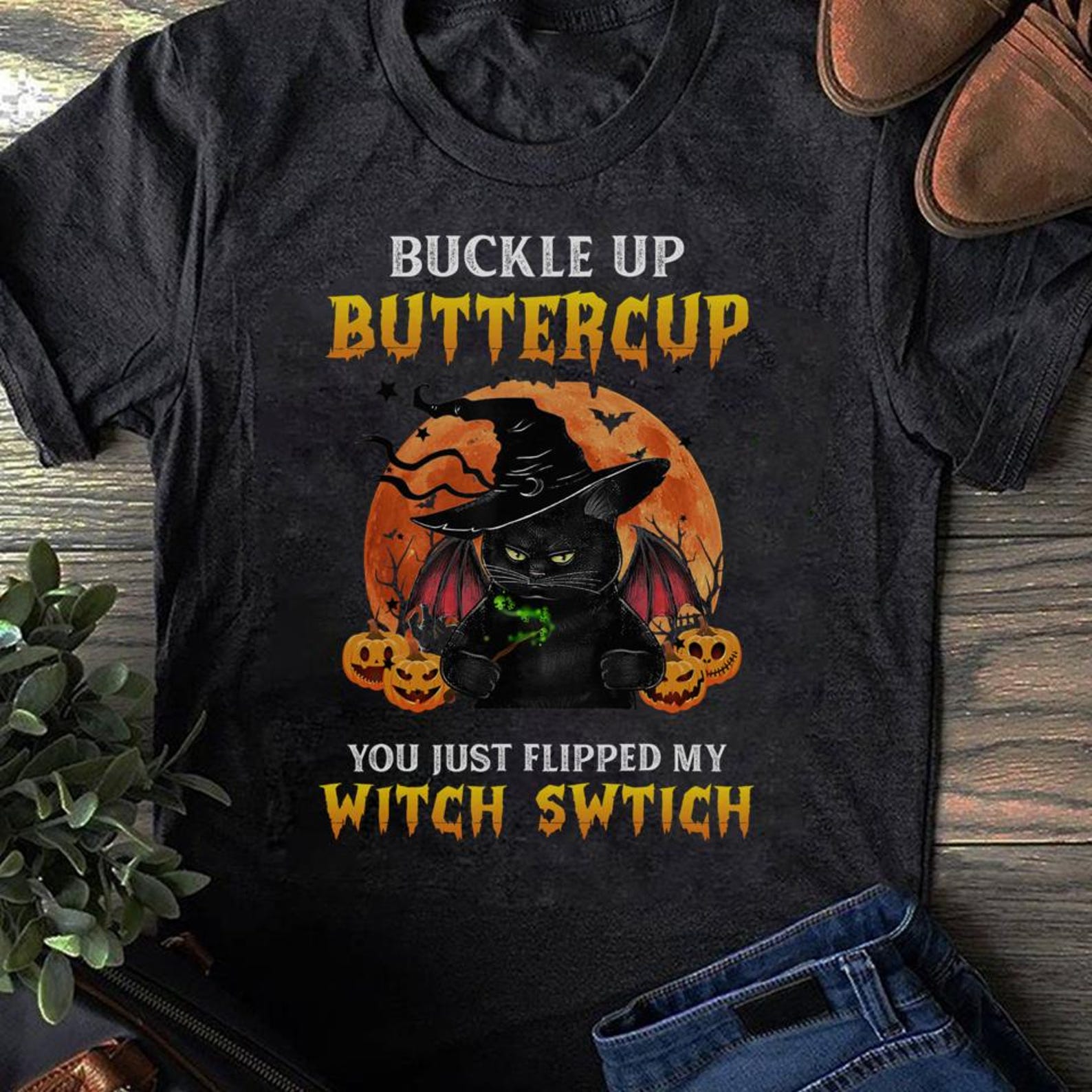 Funny Halloween Cat T-Shirt: Witch Black Cat Costume Shirt S