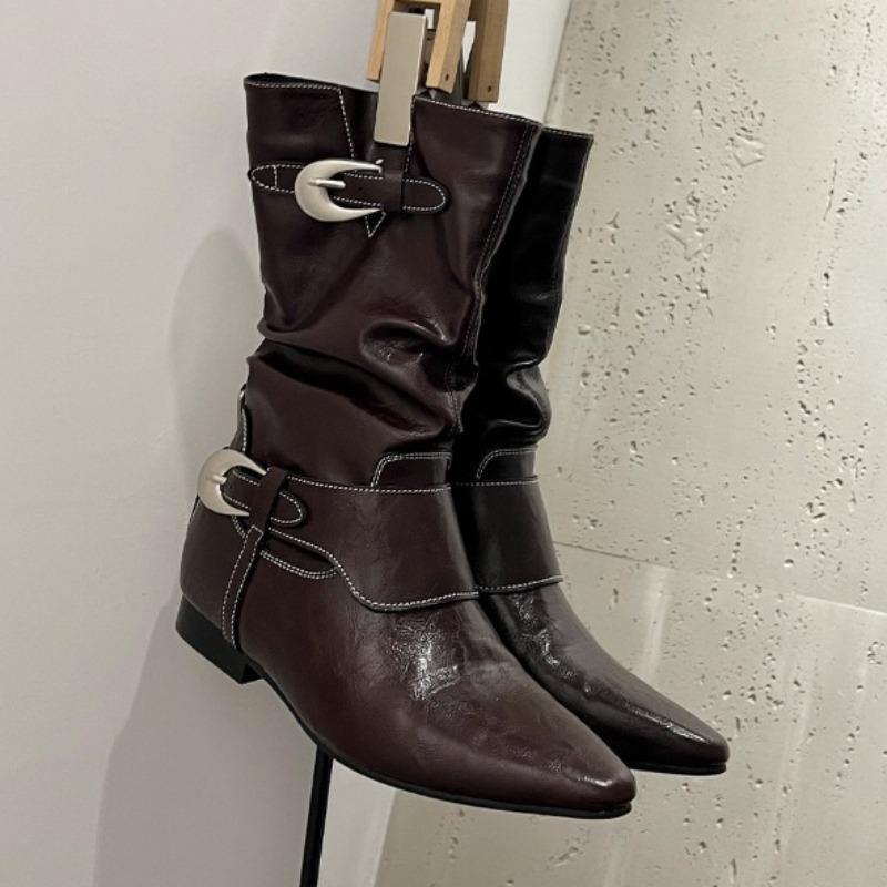Fashion 2025 New Style Luxury Pleated Buckle Knight Boots for Women Autumn Leather Mid Calf Boots Woman Slip-On Thick Heel Riding Boots