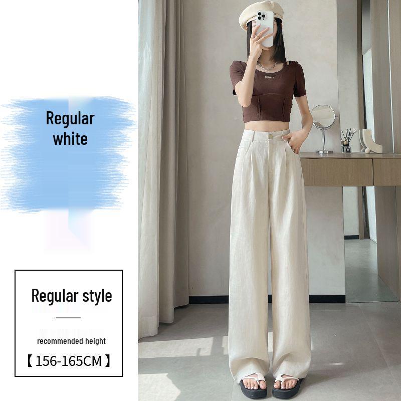 Ice Silk Cotton Linen High-Waisted Wide-Leg Pants for Women – Summer 2026 Drapey, Straight-Leg Casual Suit Style