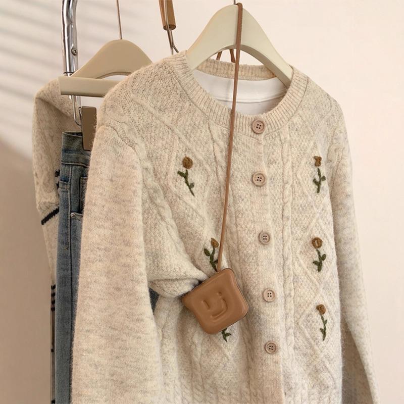 Embroidered Raccoon Velvet Sweater Jacket for Women Autumn and Winter Thickened Loose Knitted Cardigan Top