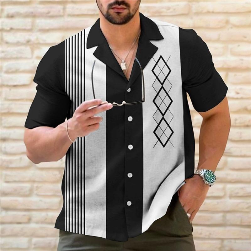 Men s Retro Geometric Print Short Sleeve Shirt Cuban Collar Casual Button Down Blouse S чёрный