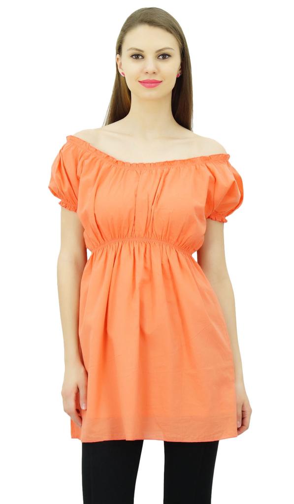 Bimba Women's Off shoulder Puff Sleeve Tops Elastic Waist Blouse Cotton