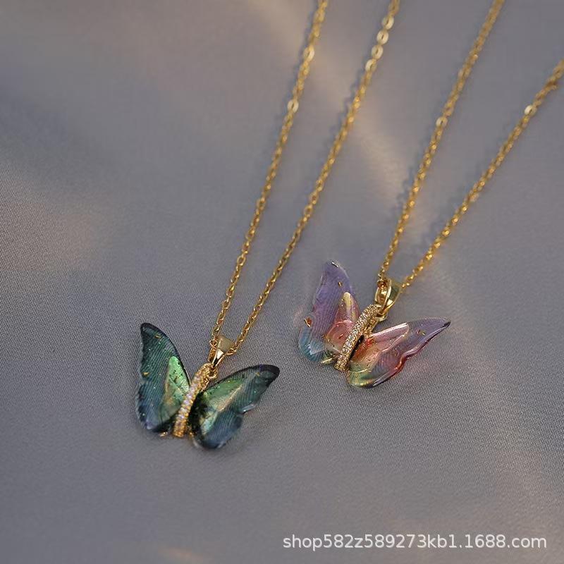 Women Micro Inlaid Zircon Gradient Color Butterfly Titanium Steel Clavicle Pendant Necklace