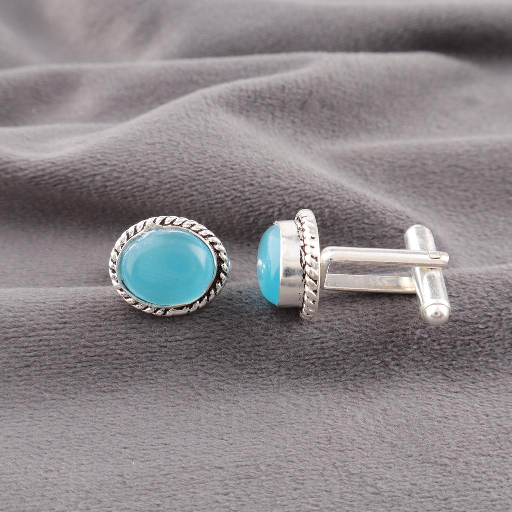 Natural Blue Cat's Eye Gemstone 925 Sterling Silver Handmade Men Cufflinks 0.6" CL-1-26