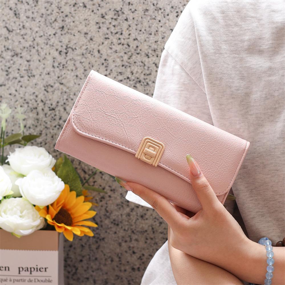 

Advanced long wallet for women, solid color triple fold, multi slot zipper wallet, French hand-held small square bag розовый