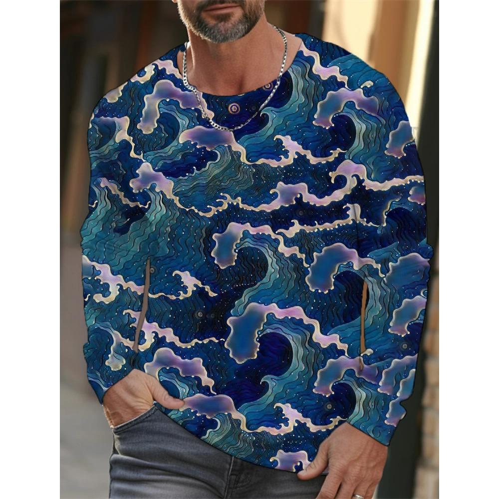 Spring and Autumn Round Neck 3D Ukiyoe  Printed Top Fashionable Casual Long Sleeved Men's T-shirts