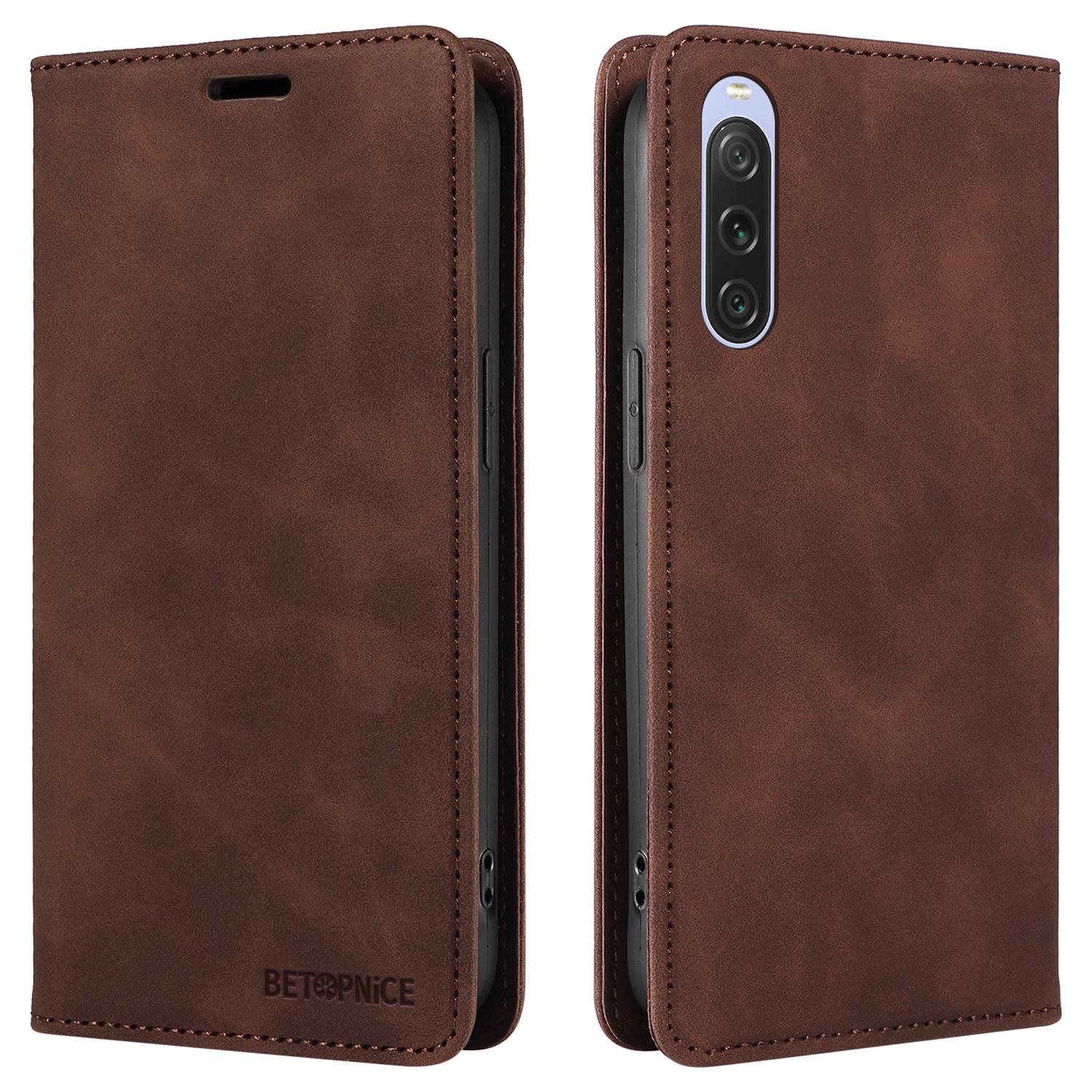 

BETOPNICE 003 For Sony Xperia 10 V Case Leather Flip Phone Cover Viewing Stand, Magnetic Close Brown