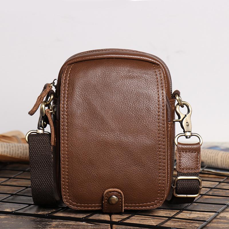 Retro Men s Genuine Leather Crossbody Bag: Frosted Cowhide Single Shoulder Waist Bag & Multifunctional Phone Holder коричневый