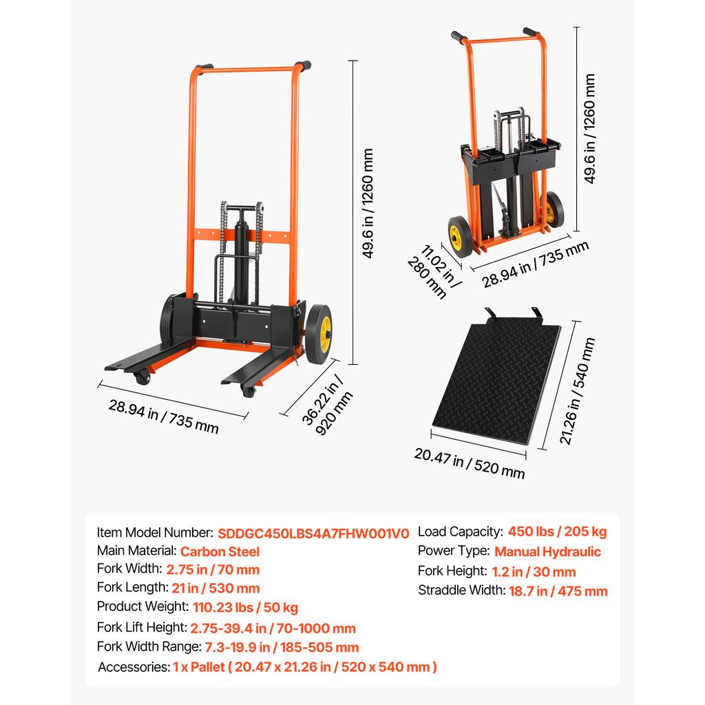 SucceBuy 450Lbs Hydraulic Material Lift Winch Stacker with Fork Lift Table 35in/40in Max Lifting Height Pallet Truck Dolly