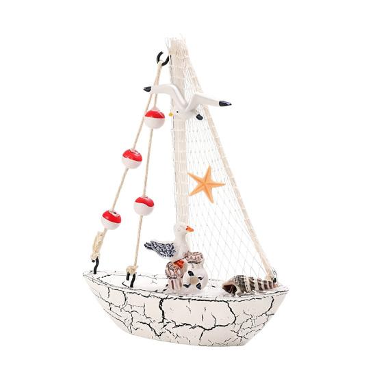 Mini Sailboat Model Nautical Resin Sailing Boat Decoration with Shell Starfish Rustic Vintage Beach Ocean Theme Ship Ornament for Home Office Bedroom