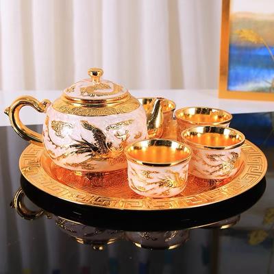 6-teiliges Teeservice, kreatives Teeservice aus Zinklegierung mit chinesischer Drachenprägung, Teekanne, Teetassen, Hochzeitsbankett-Teeservice