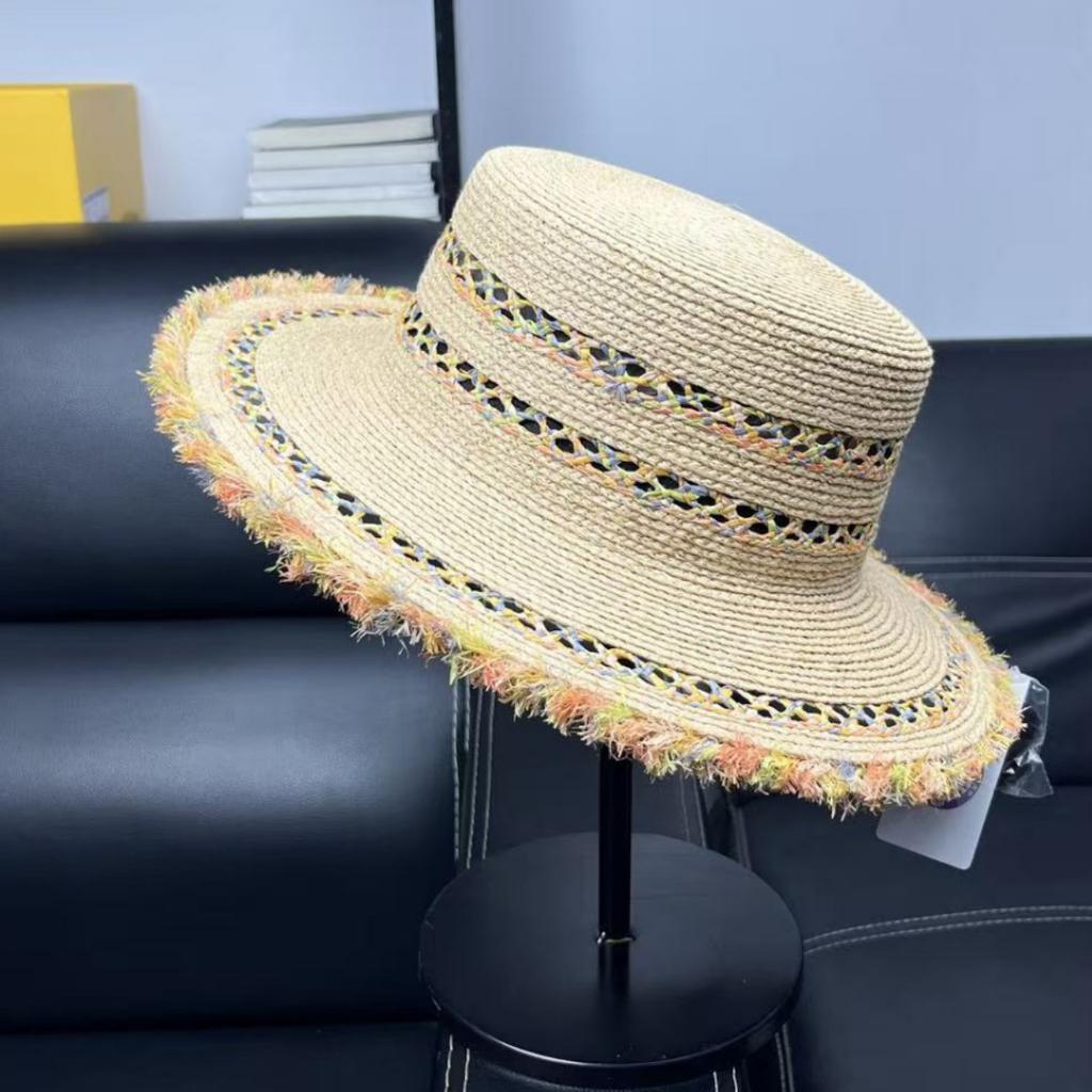 High Quality Rainbow Decorative Crochet 100% Raffia Hat Women's Sunscreen Flat Top Top Top Hat Summer Outing Straw Hat