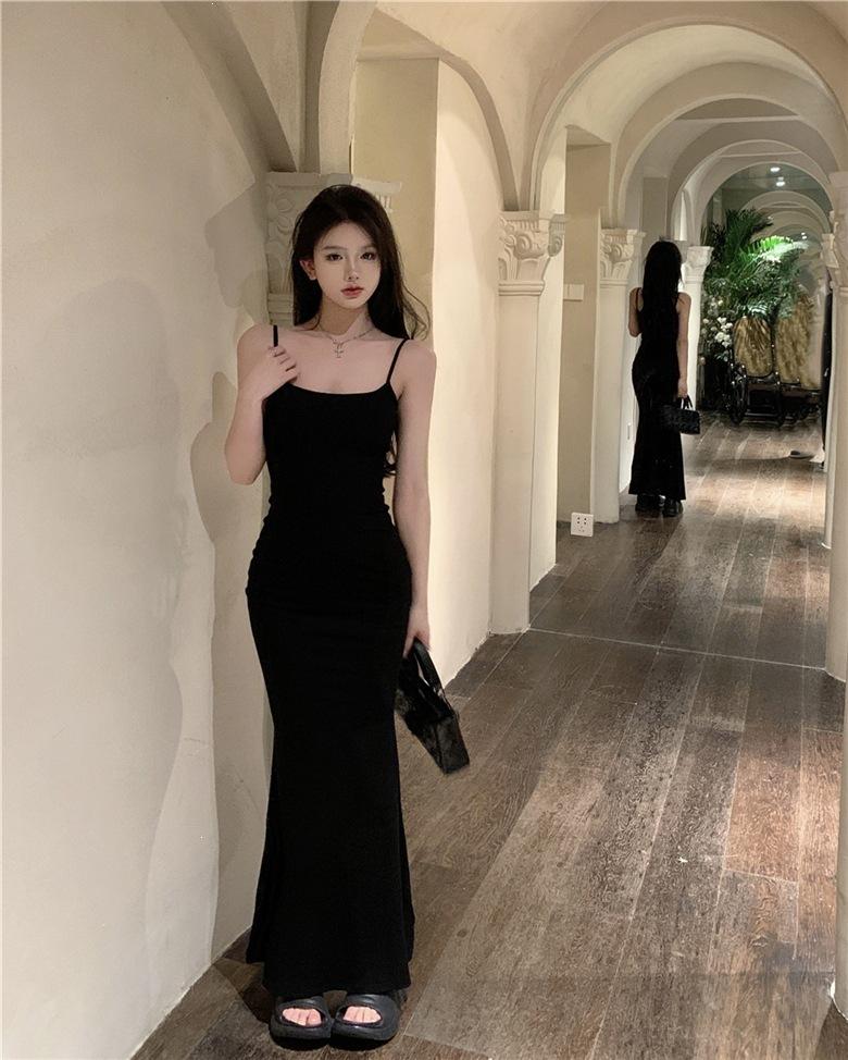 Summer New Tight Suspender Dress Women's Black Waist Slim and Thin Skirt Fishtail Hip-wrapped Long Dress