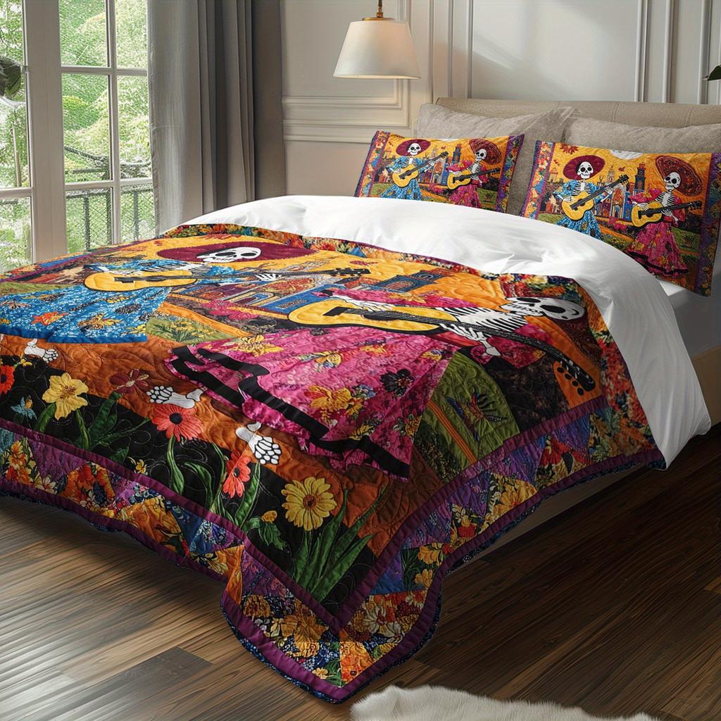 3pcs Boho Mexican Skeleton Bedding Duvet Cover Set Dia De Los Muertos Bedding Quilt Set Day of the Dead Themed Bed Set Fiesta