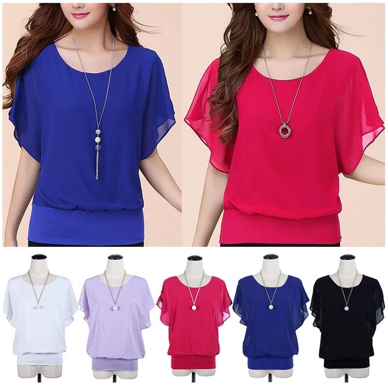 Summer Women Blouse Female Short Batwing Sleeve Oversized Loose O Neck Chiffon Shirt Office Lady Elegant Tees